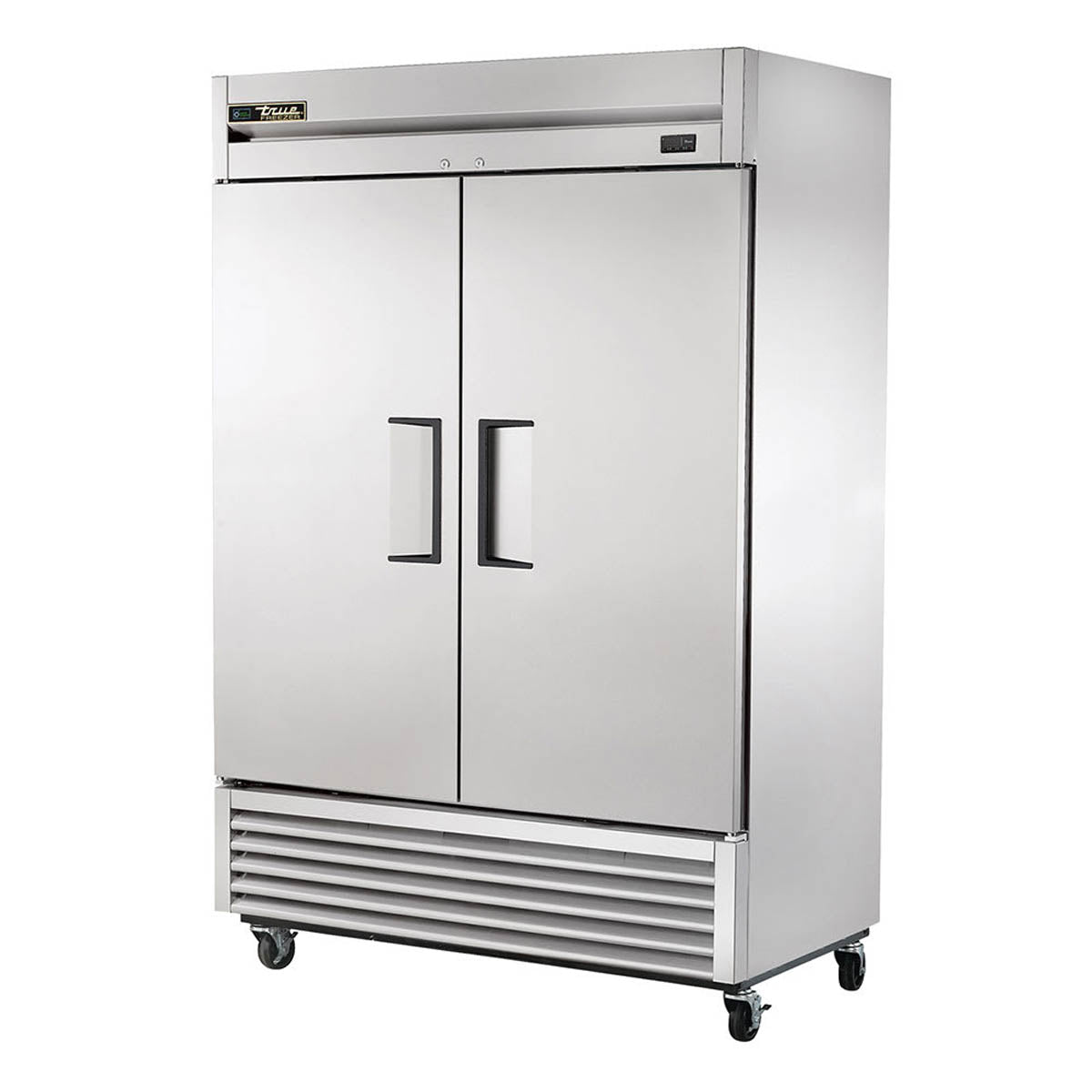 True T-49F-HC 2-door solid reach-in freezer, front angle view, doors closed