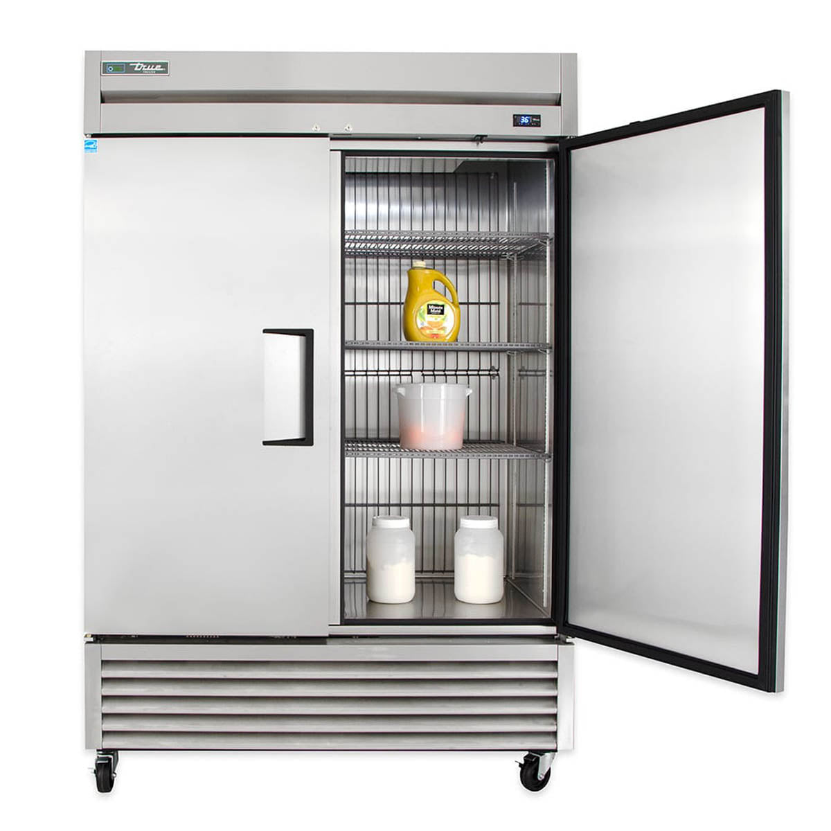 True T-49F-HC 2-door solid reach-in freezer, one door open, stocked shelves