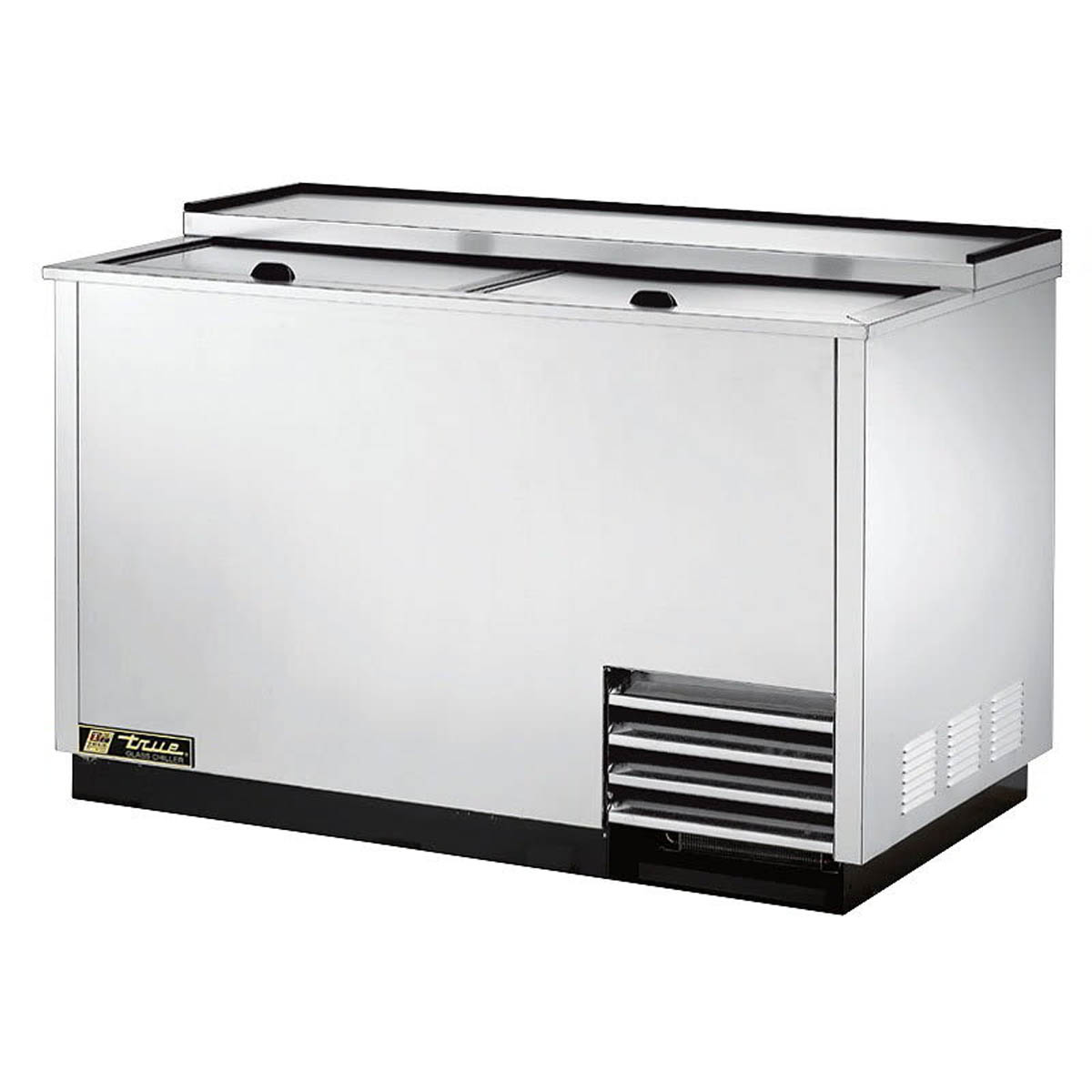 True T-50-GC-S-HC stainless steel glass froster with two slide lids, front angle view