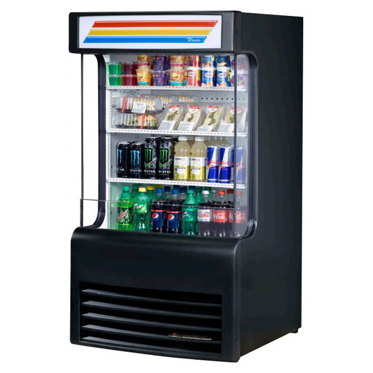 True TAC-14GS-LD air curtain merchandiser, black exterior, front view stocked with drinks