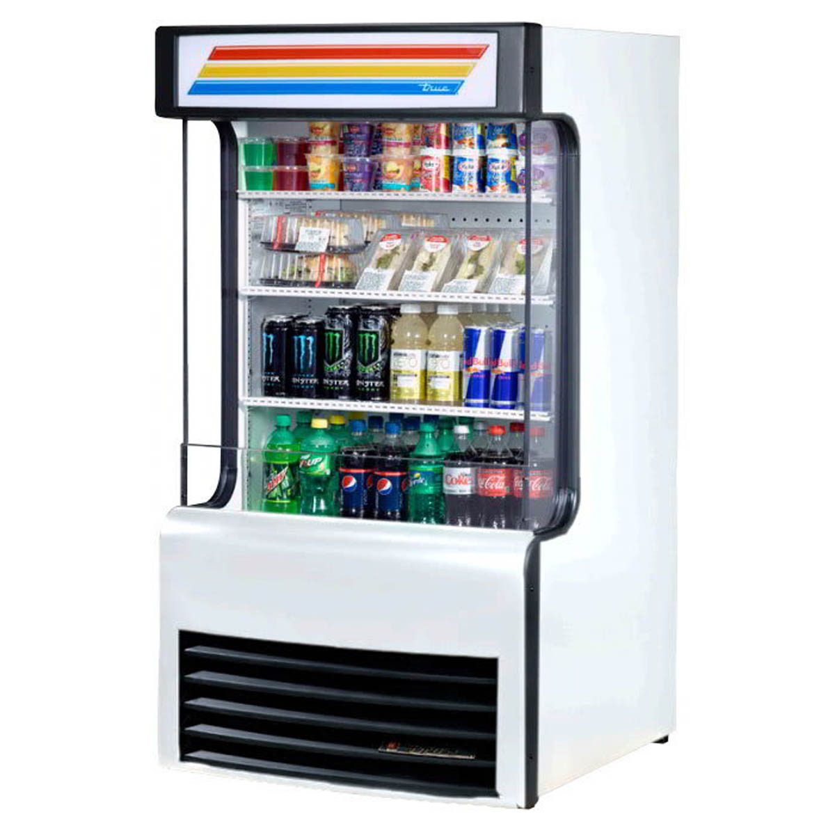 True TAC-14GS-LD air curtain merchandiser, white exterior, front view stocked with drinks