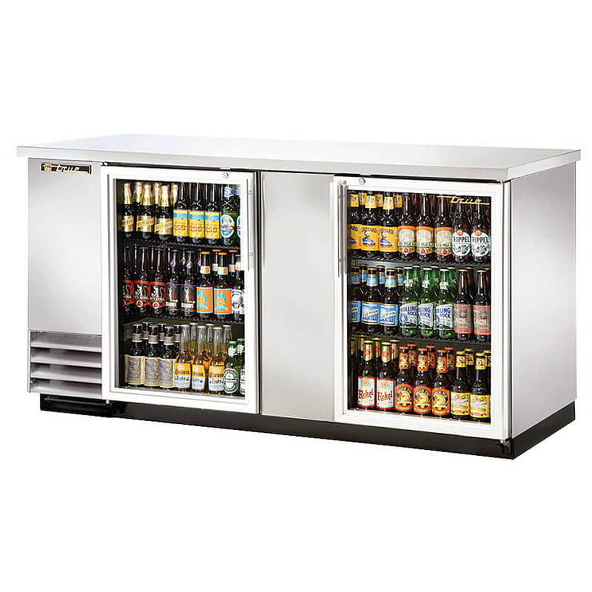 True TBB-3G-S-HC-LD back bar cooler, stainless steel, glass doors, front angle view