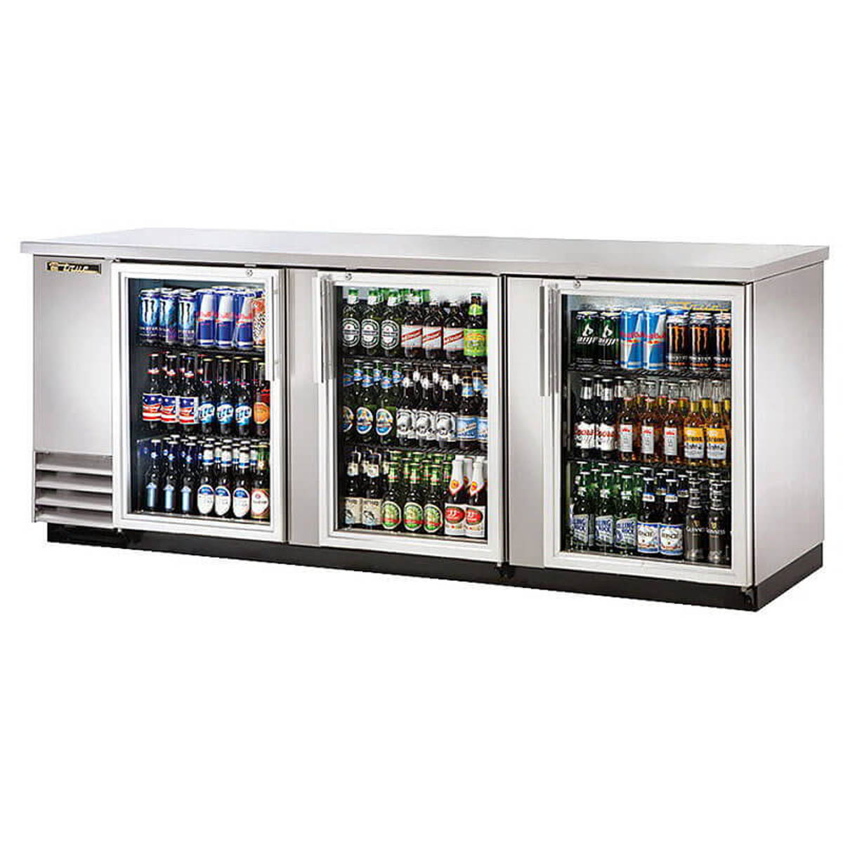True TBB-4G-S-HC-LD back bar cooler, stainless steel, glass doors, front angle view