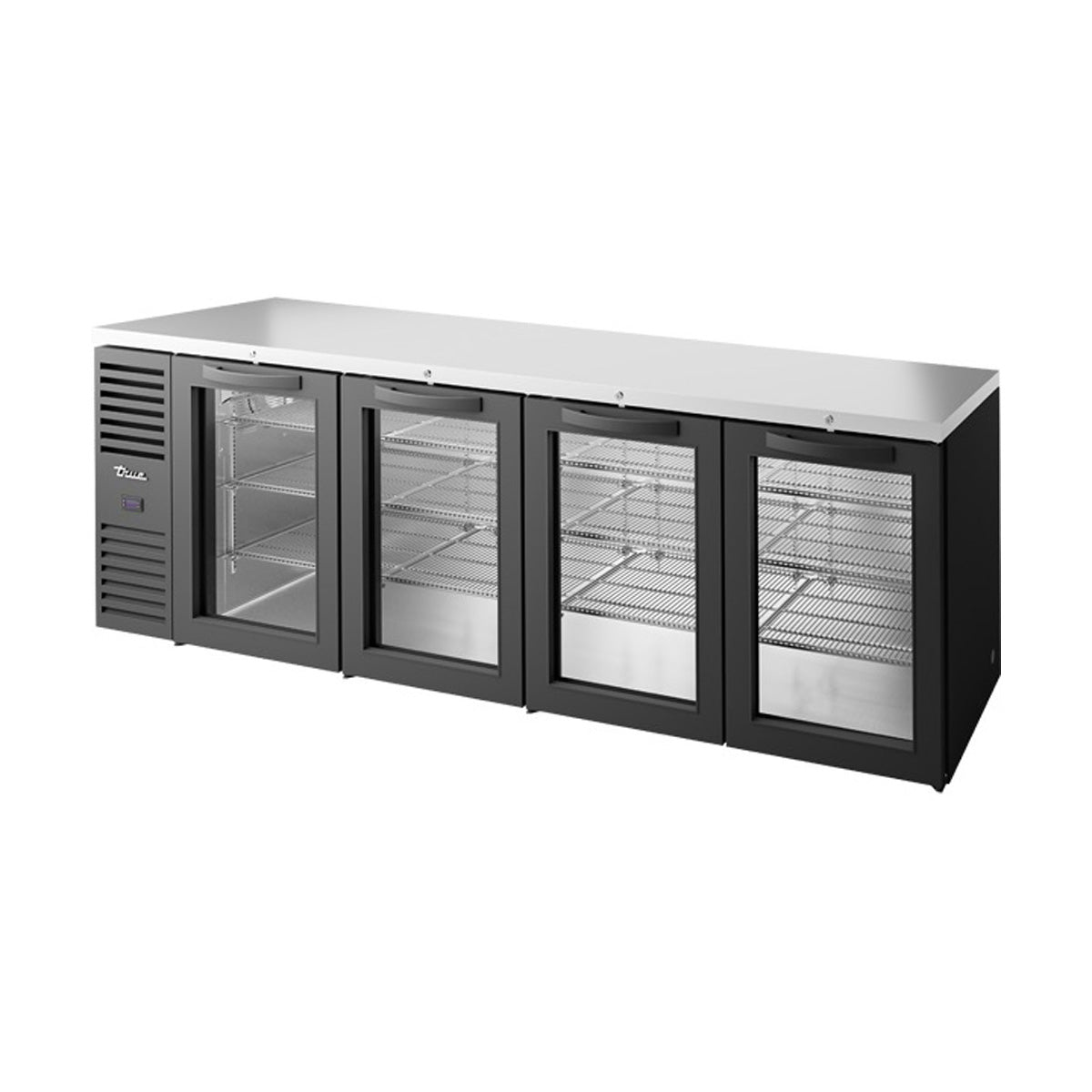 True TBR108-RISZ1-L-B-GGGG-1 back bar refrigerator, black, glass doors, front angle view