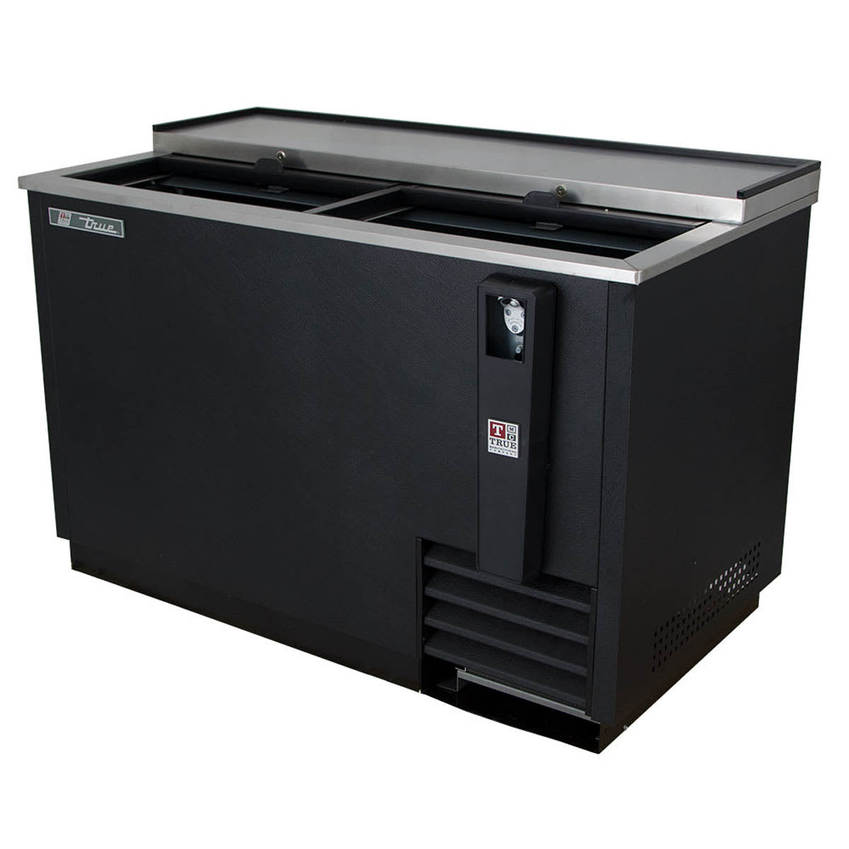 True TD-50-18-HC deep well bottle cooler, black, front angle view, lids closed