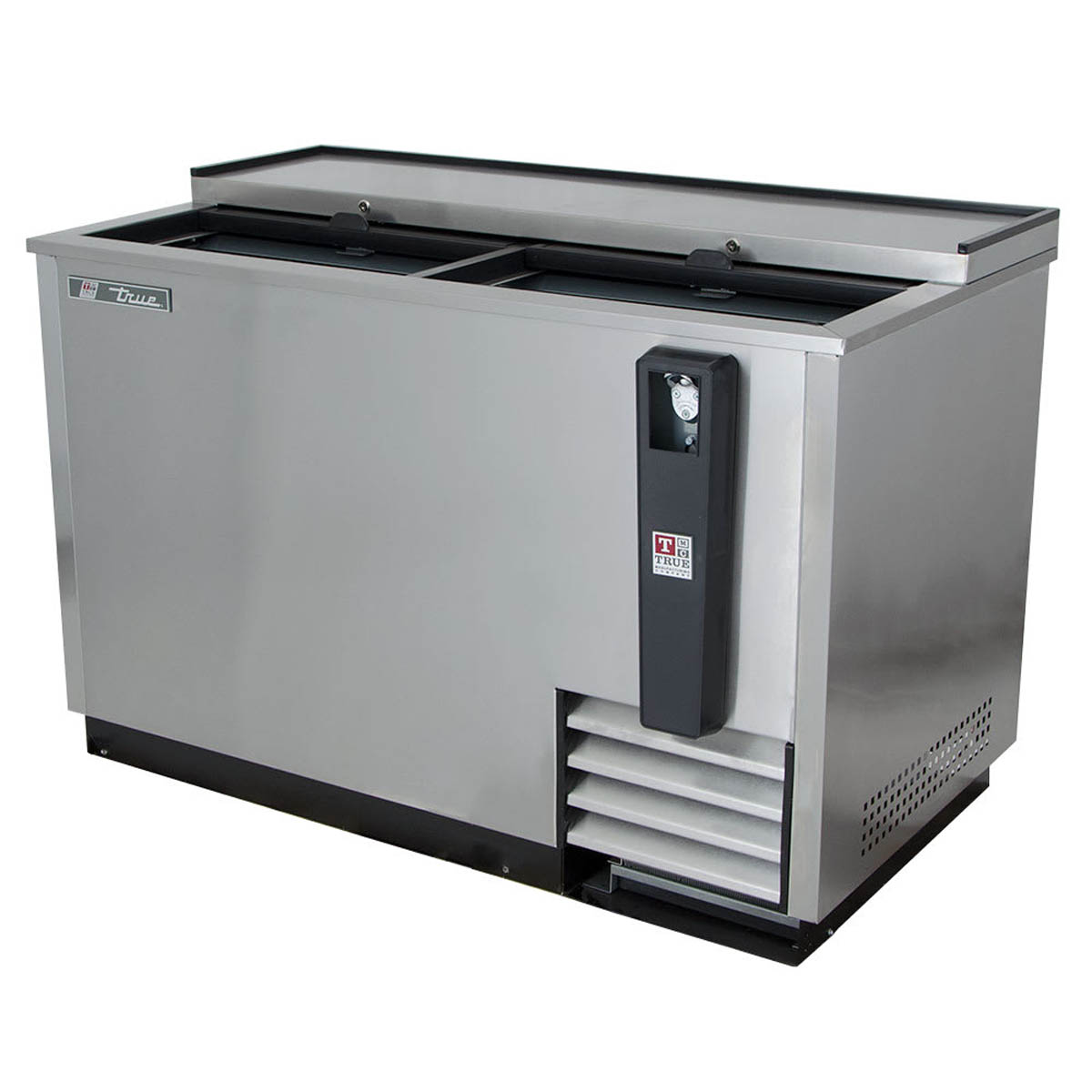 True TD-50-18-S-HC deep well bottle cooler, stainless steel, front angle view, lids closed