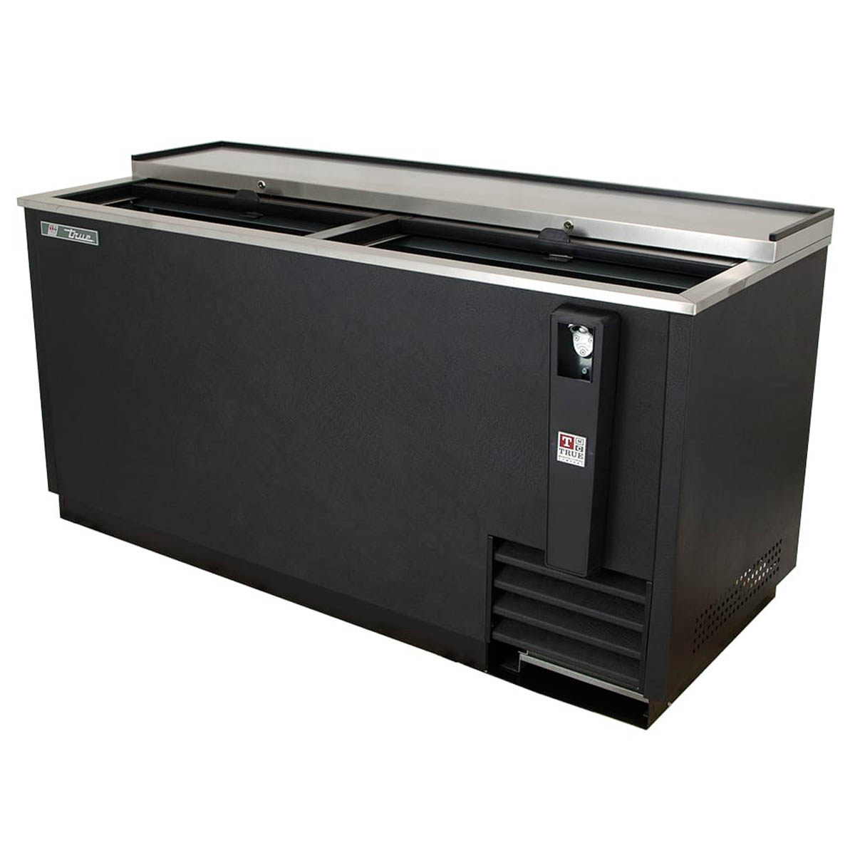 True TD-65-24-HC deep well bottle cooler, black, front angle view, lids closed