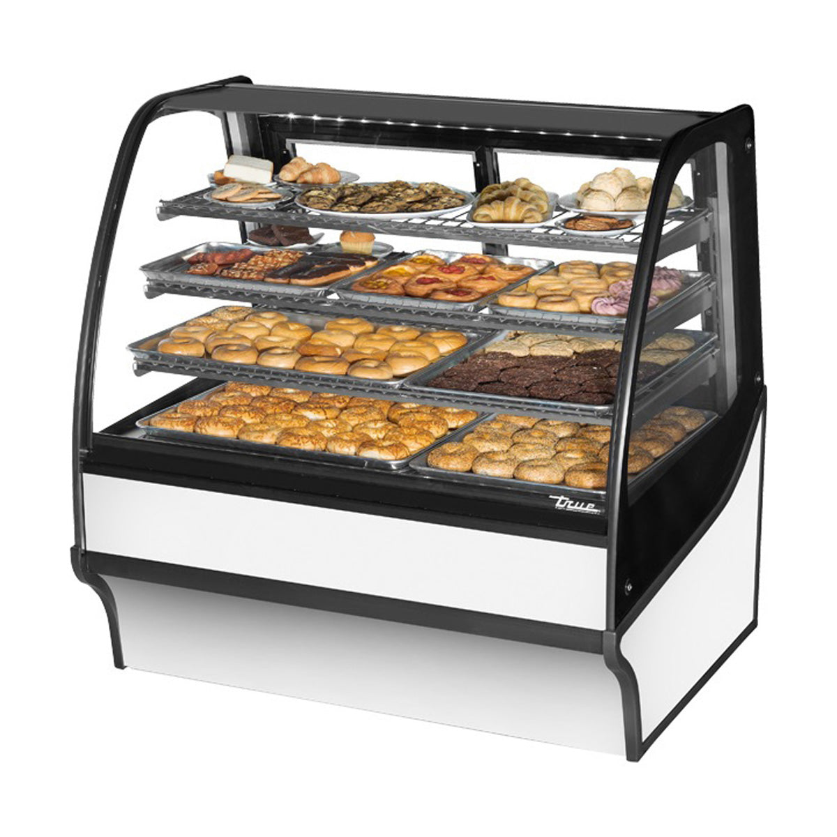 True TDM-DC-48-GE/GE-S-W 48" curved glass dry display case with white exterior, front angle view stocked with baked goods