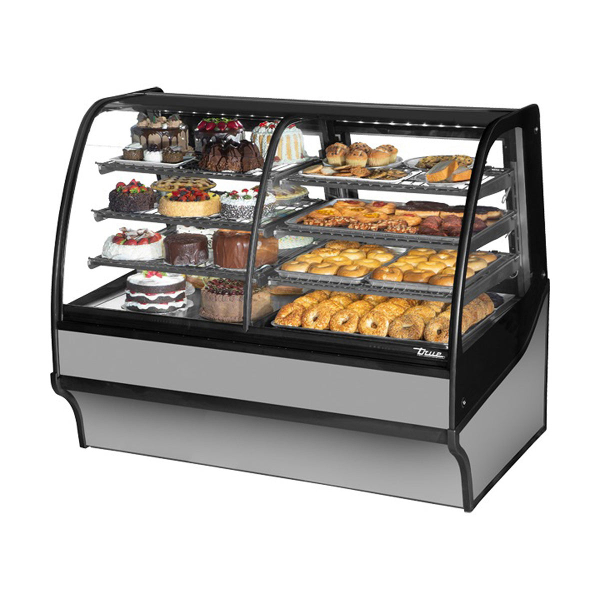 True TDM-DC-59-GE/GE-S-S 59" curved glass dry display case with stainless steel exterior, front angle view stocked with baked goods