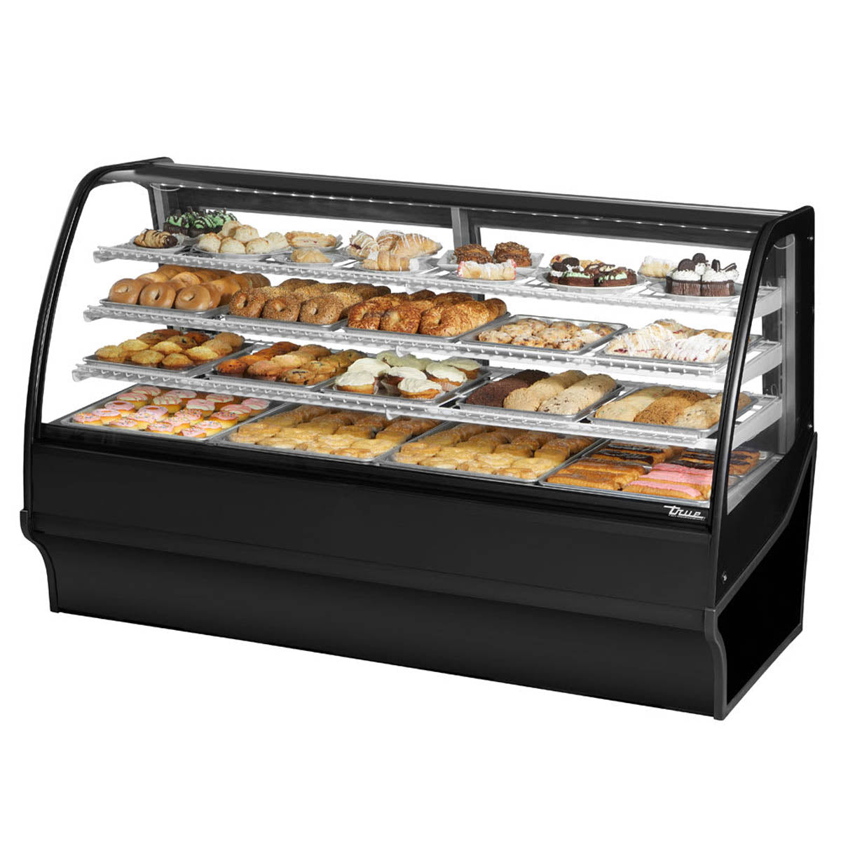 True TDM-DC-77-GE/GE-B-W 77" curved glass dry display case with black exterior, front angle view stocked with baked goods