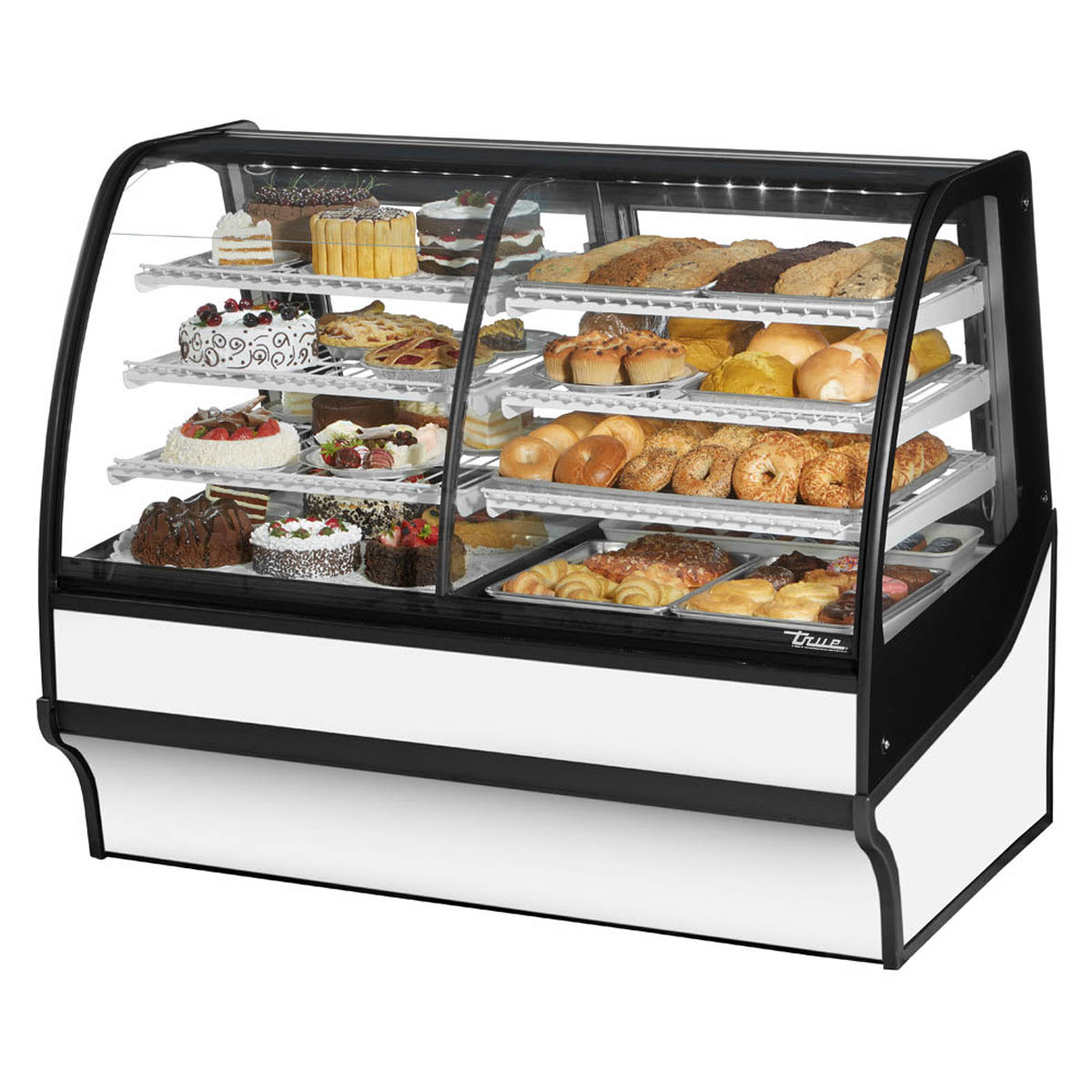 True TDM-DZ-59-GE/GE-W-W 59" curved glass dual zone display case with white exterior, front angle view stocked with baked goods