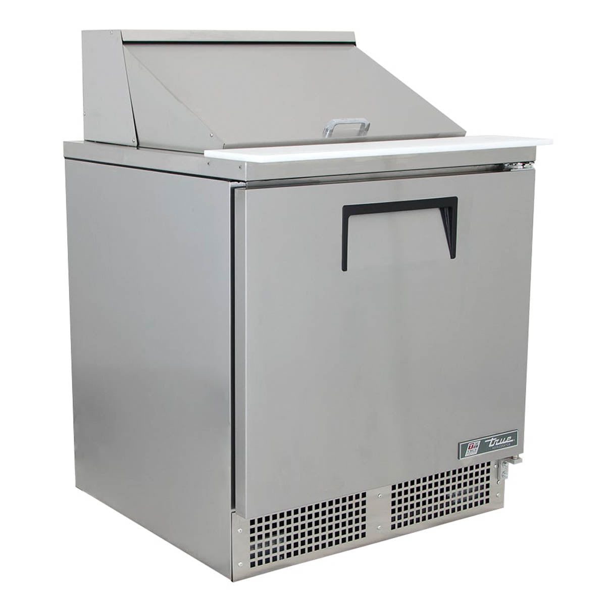 True TFP-32-12M-HC food prep table, front angle view, lid closed