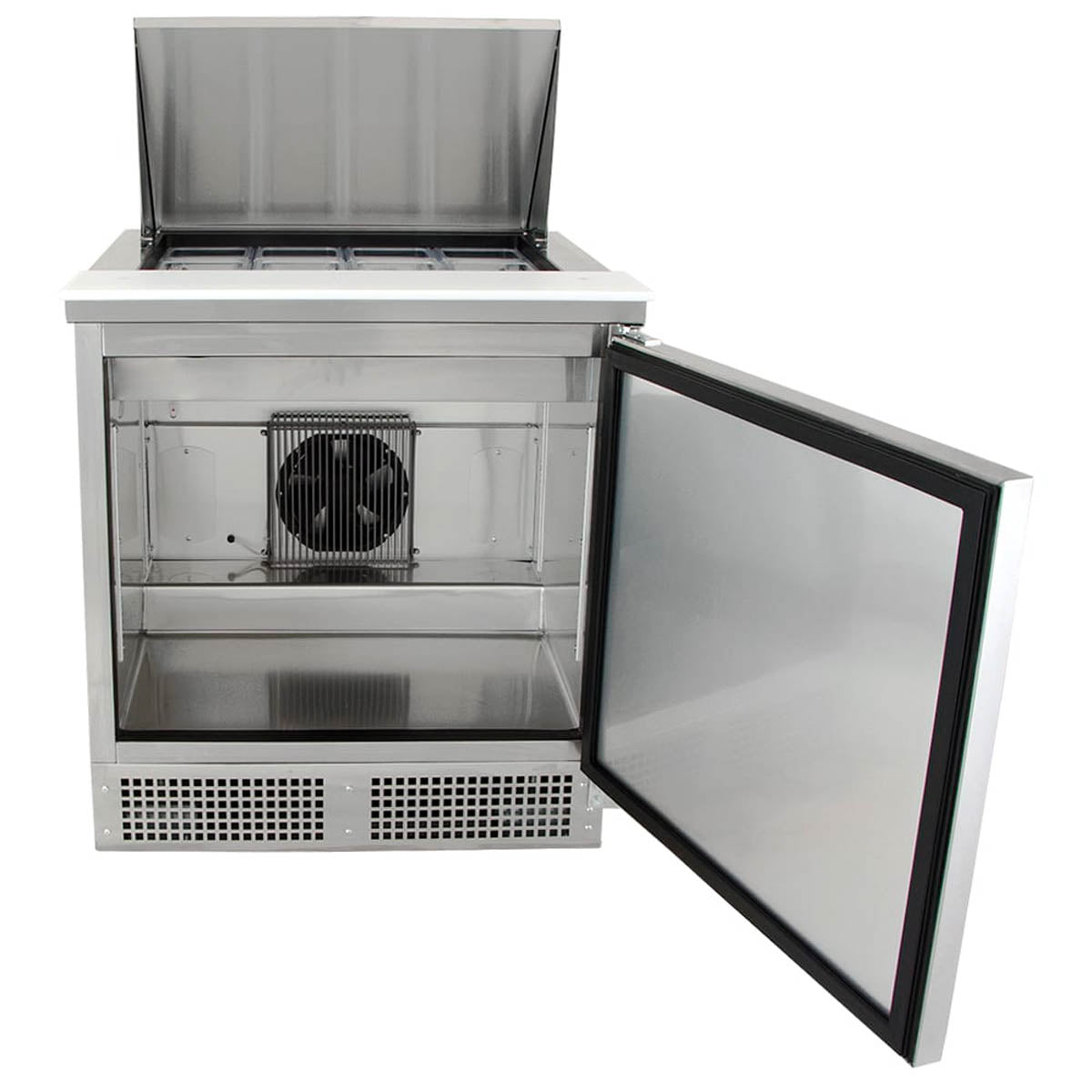 True TFP-32-12M-HC food prep table, front view with the door open, shelves inside