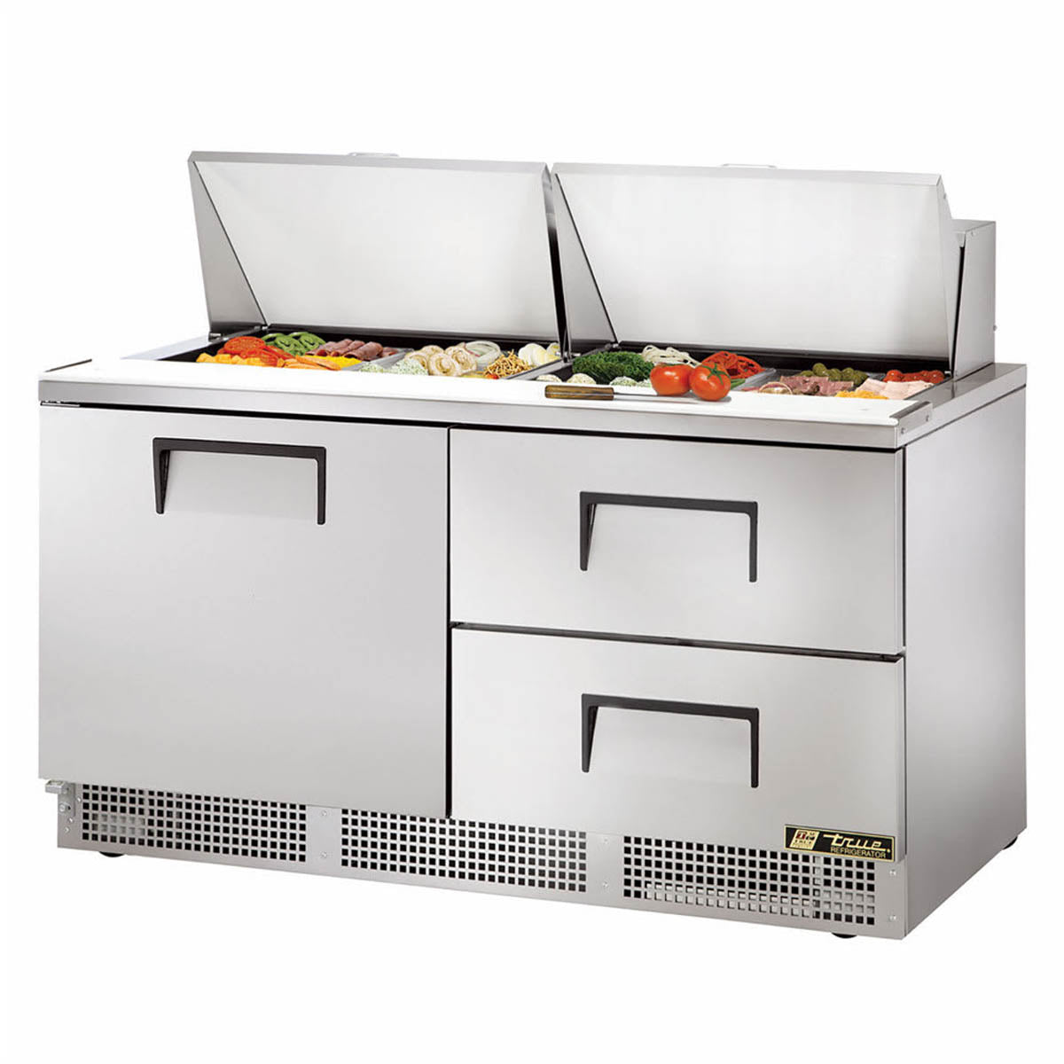 True TFP-64-24M-D-2-HC food prep table, front angle view, lid open with ingredients in the pans