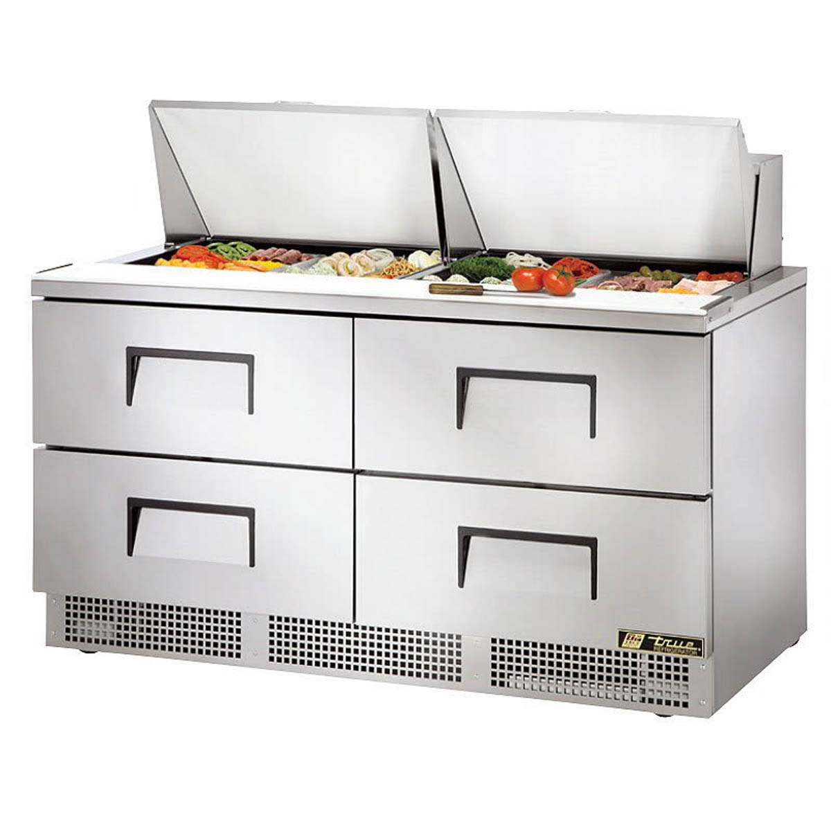 True TFP-64-24M-D-4-HC food prep table, front angle view, lid open with ingredients in the pans