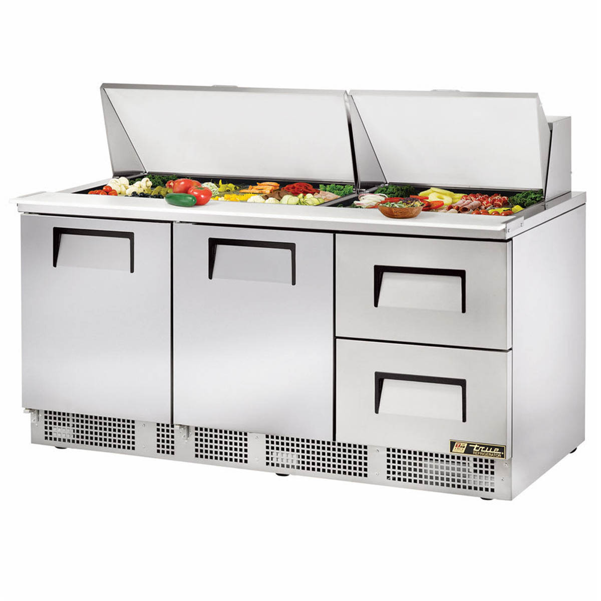 True TFP-72-30M-D-2-HC food prep table, front angle view, lid open with ingredients in the pans