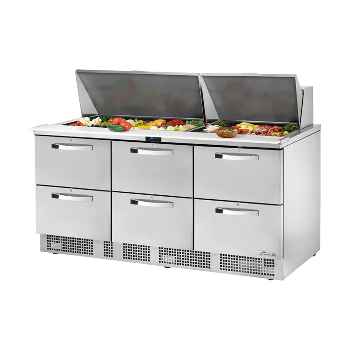 True TFP-72-30M-D-6-HC~SPEC3 food prep table, front angle view, lid open with ingredients in the pans
