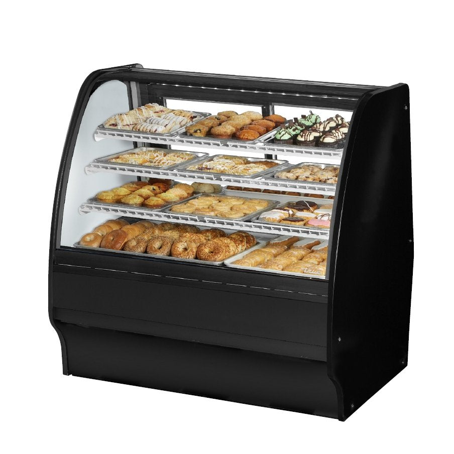 True TGM-DC-48-SC/SC-W-W 48" curved glass dry display case with black exterior, front angle view stocked with baked goods