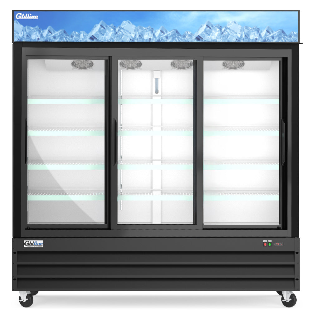 Coldline G80S-B 78" Three Glass Sliding Door Merchandiser Refrigerator with LED Lighting, Black