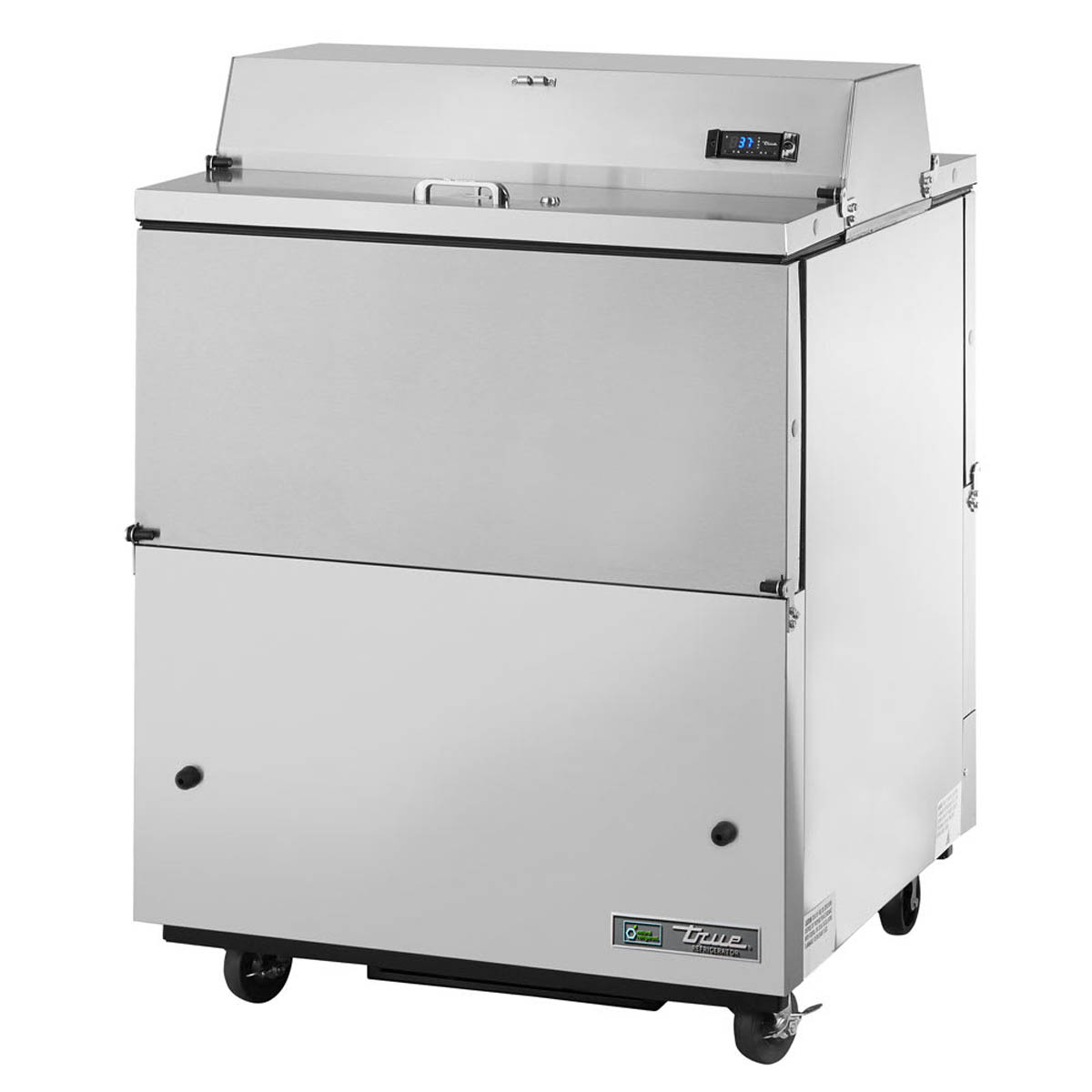 True TMC-34-DS-SS-HC dual-sided school milk cooler, white exterior, front angle view