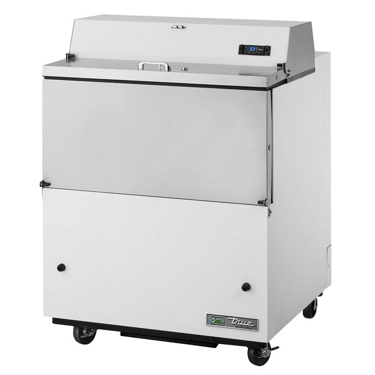True TMC-34-SS-HC single-sided school milk cooler, white exterior, front angle view