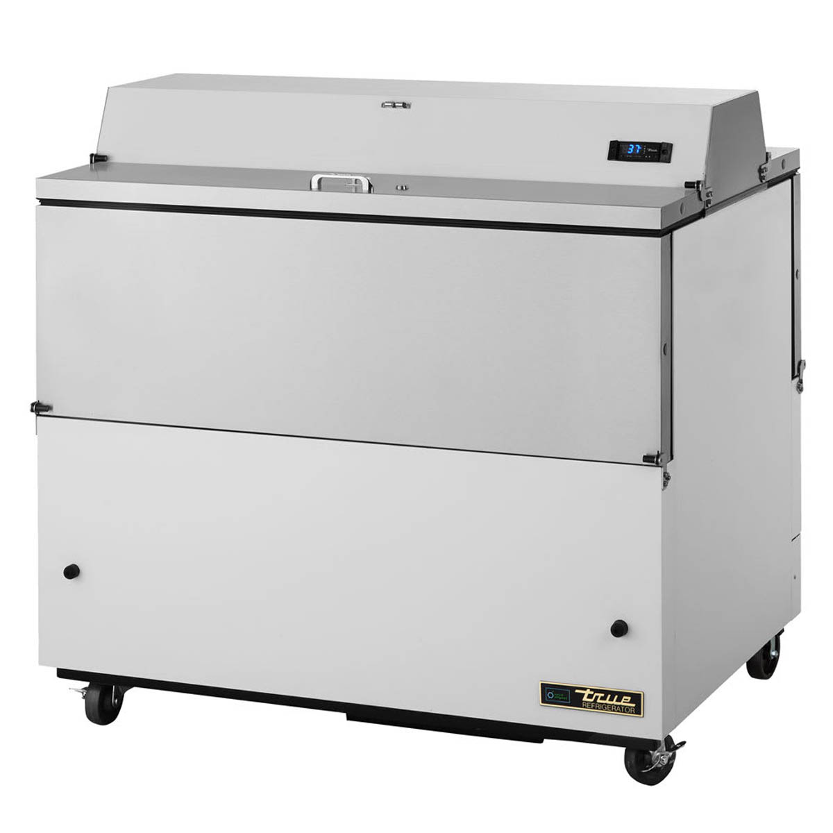 True TMC-49-DS-SS-HC dual-sided school milk cooler, white exterior, front angle view