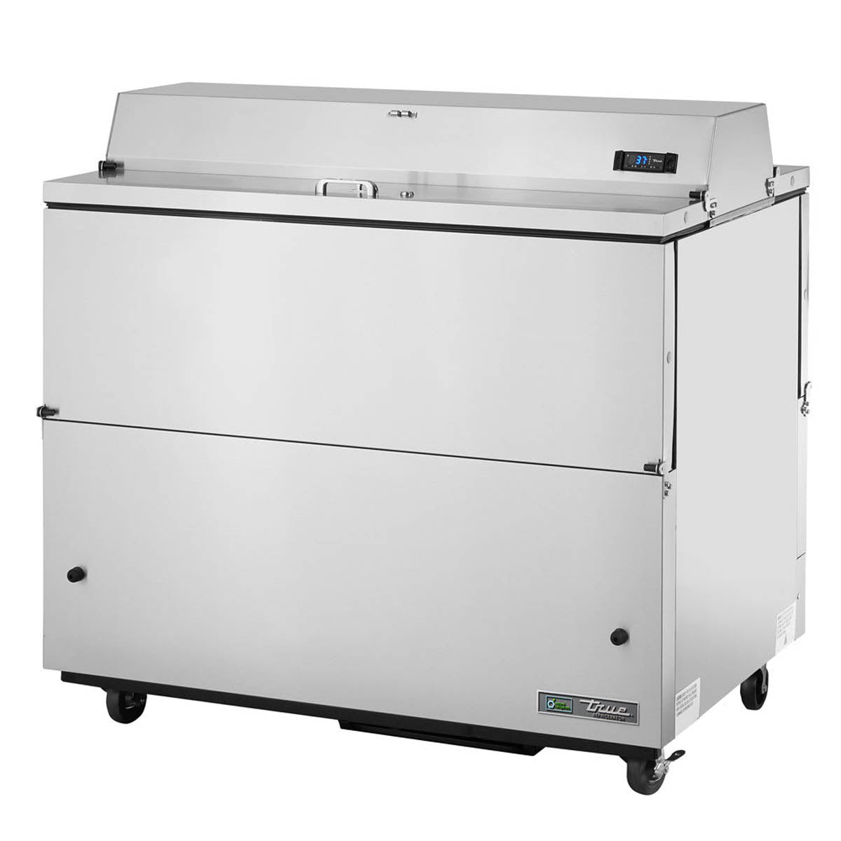 True TMC-49-S-DS-HC dual-sided school milk cooler, stainless steel exterior, front angle view