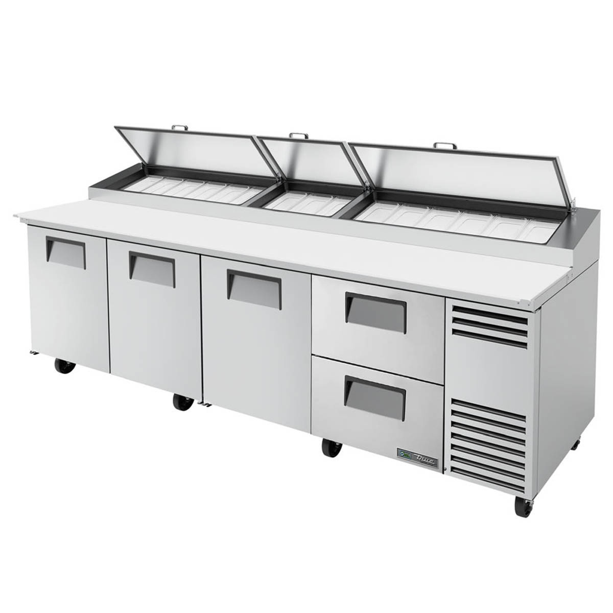 True TPP-AT-119D-2-HC 119" Refrigerated Pizza Prep Table w/ 3 Doors & 2 Drawers, (15) 1/3 Pans