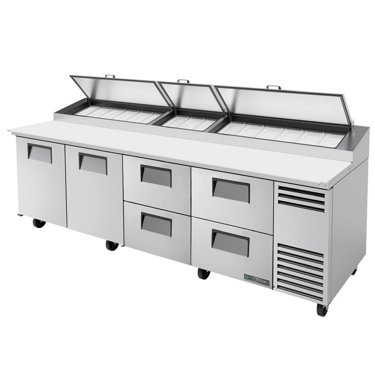 True TPP-AT-119D-4-HC pizza prep table, front angle view, lids open over the pan rail