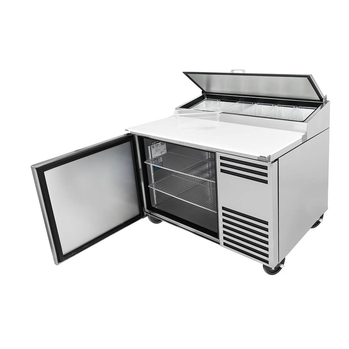 True TPP-AT-44-HC pizza prep table, front angle view with the door open, shelves inside
