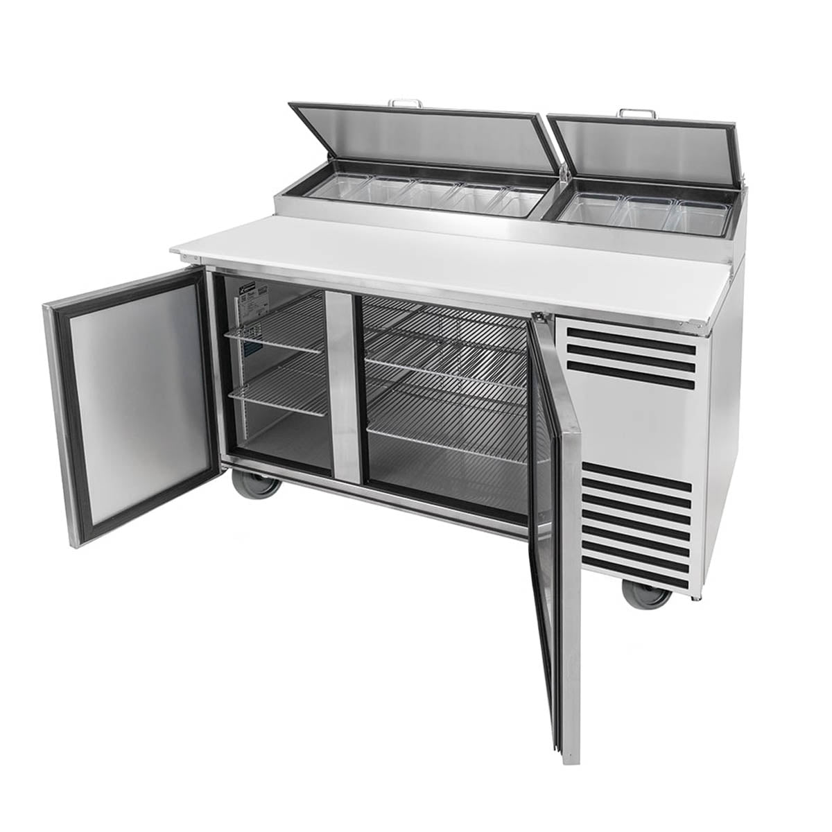 True TPP-AT-60-HC pizza prep table, front view with both doors open, shelves inside