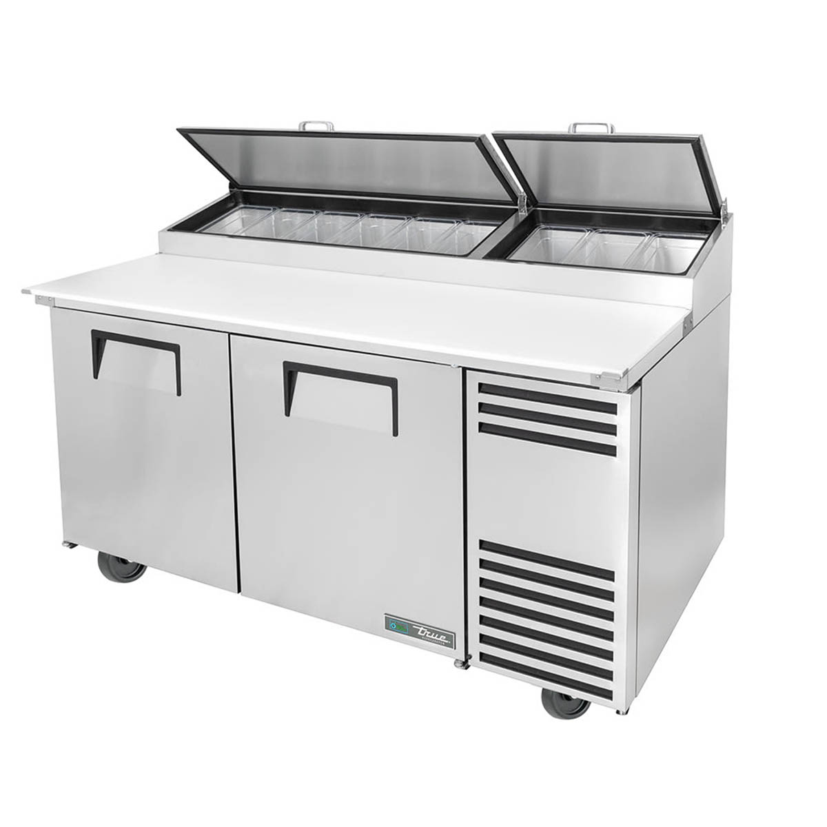 True TPP-AT-67-HC pizza prep table, front angle view, lids open over the pan rail