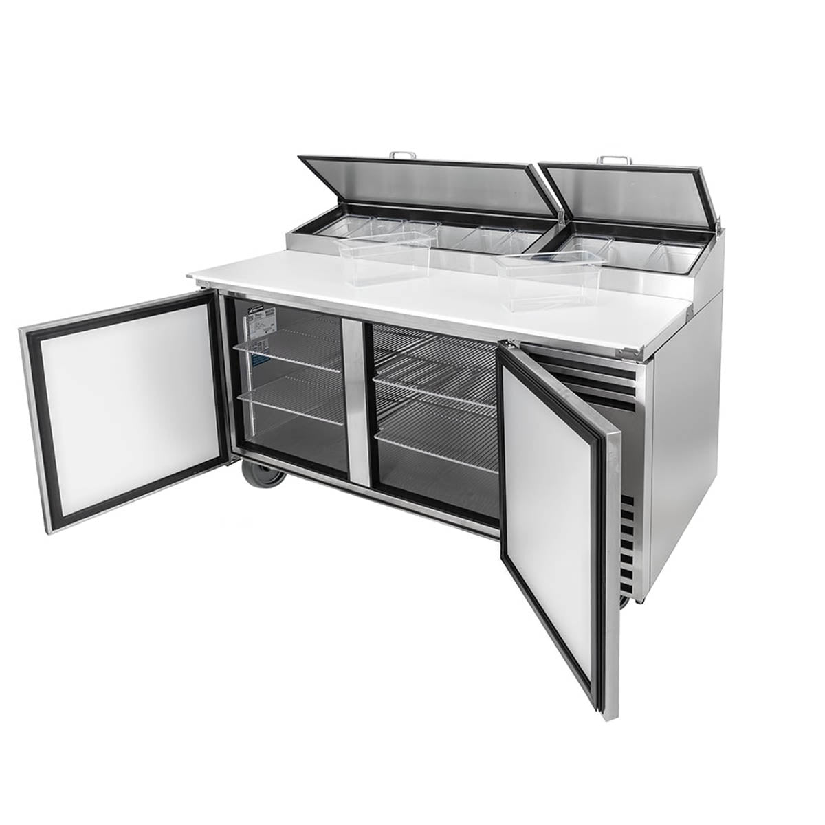True TPP-AT-67-HC pizza prep table, front view with both doors open, shelves inside