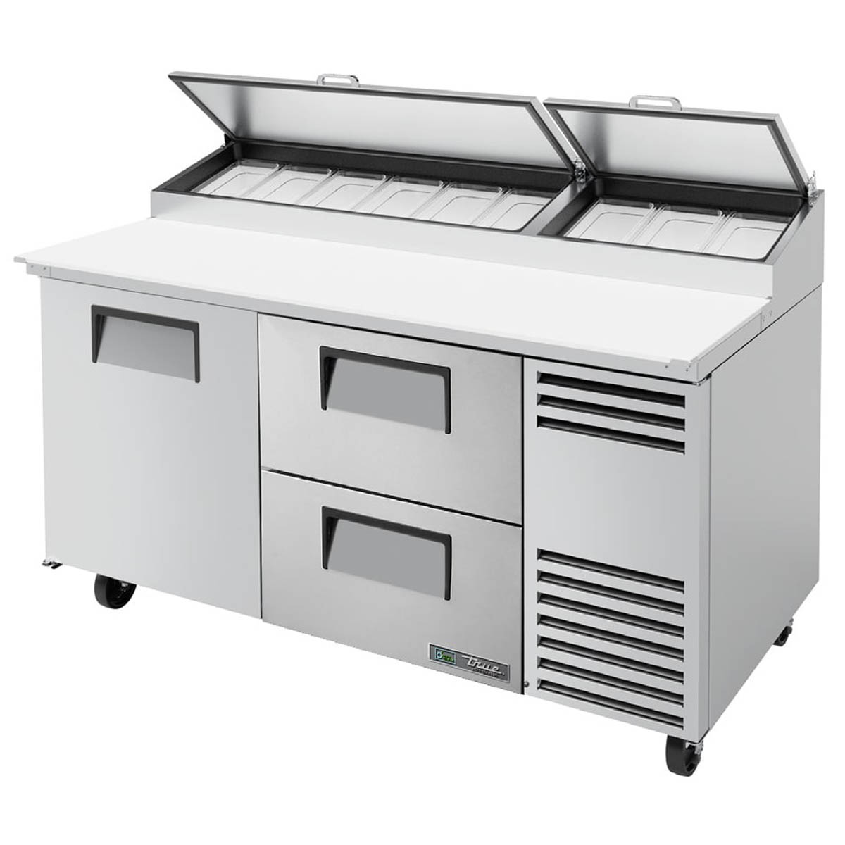 True TPP-AT-67D-2-HC pizza prep table, front angle view, lids open over the pan rail