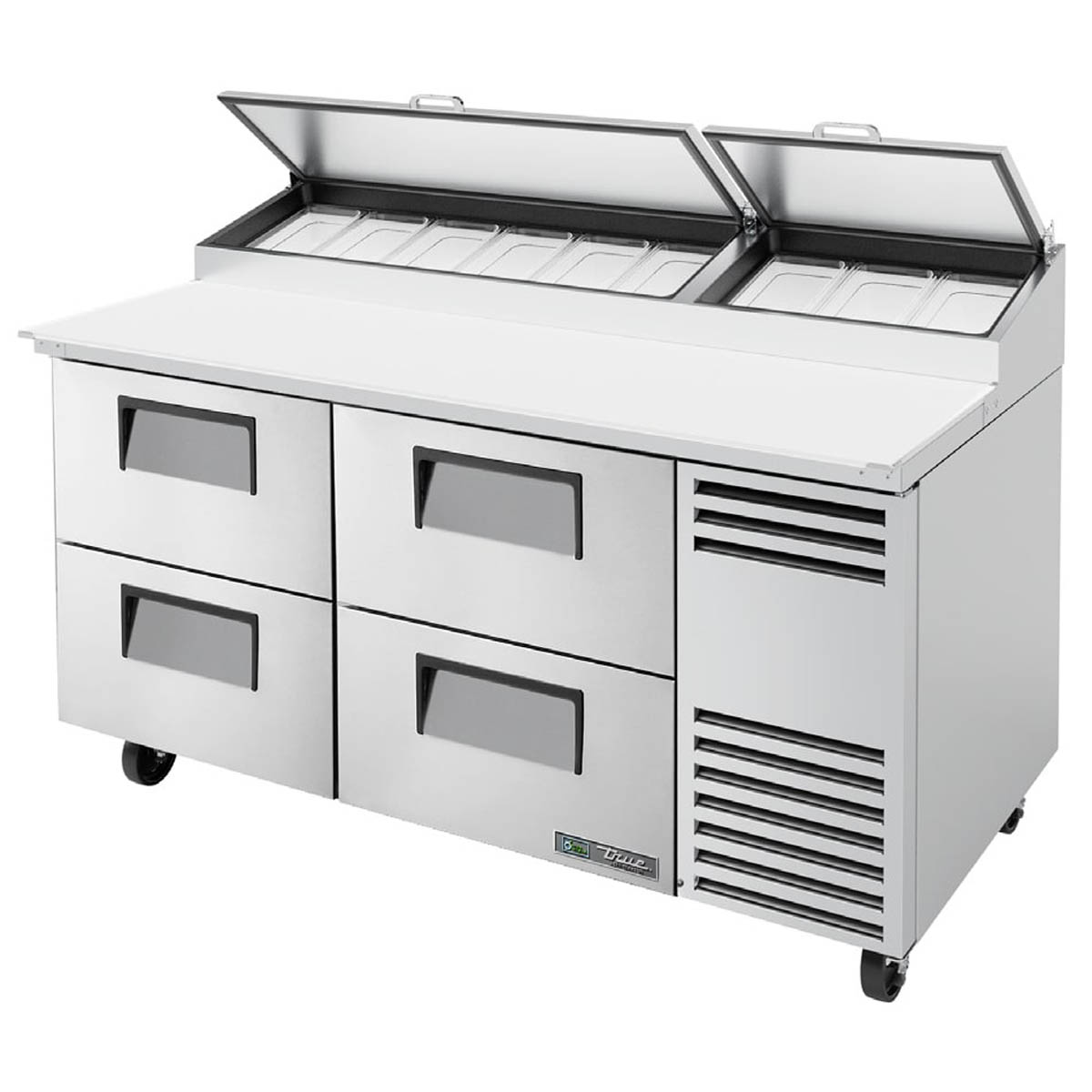 True TPP-AT-67D-4-HC pizza prep table, front angle view, lids open over the pan rail