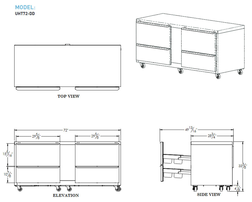Traulsen UHT72-DD 72-Inch 4-Drawer Undercounter Refrigerator