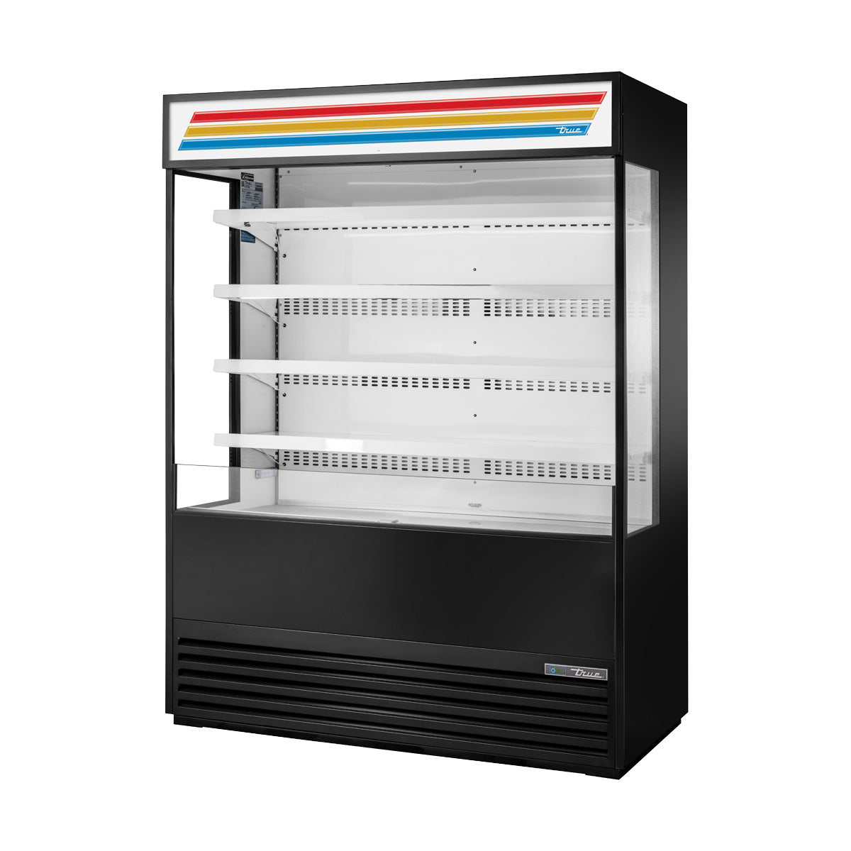 True TOAM-60GS-HC~TSL01 open air merchandiser, front angle view, empty