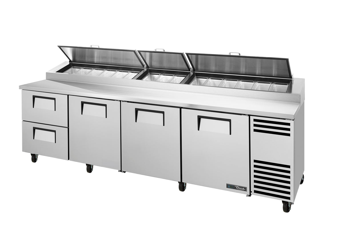 True TPP-AT-119D-2-HC~HGTP pizza prep table, front angle view, lids open over the pan rail