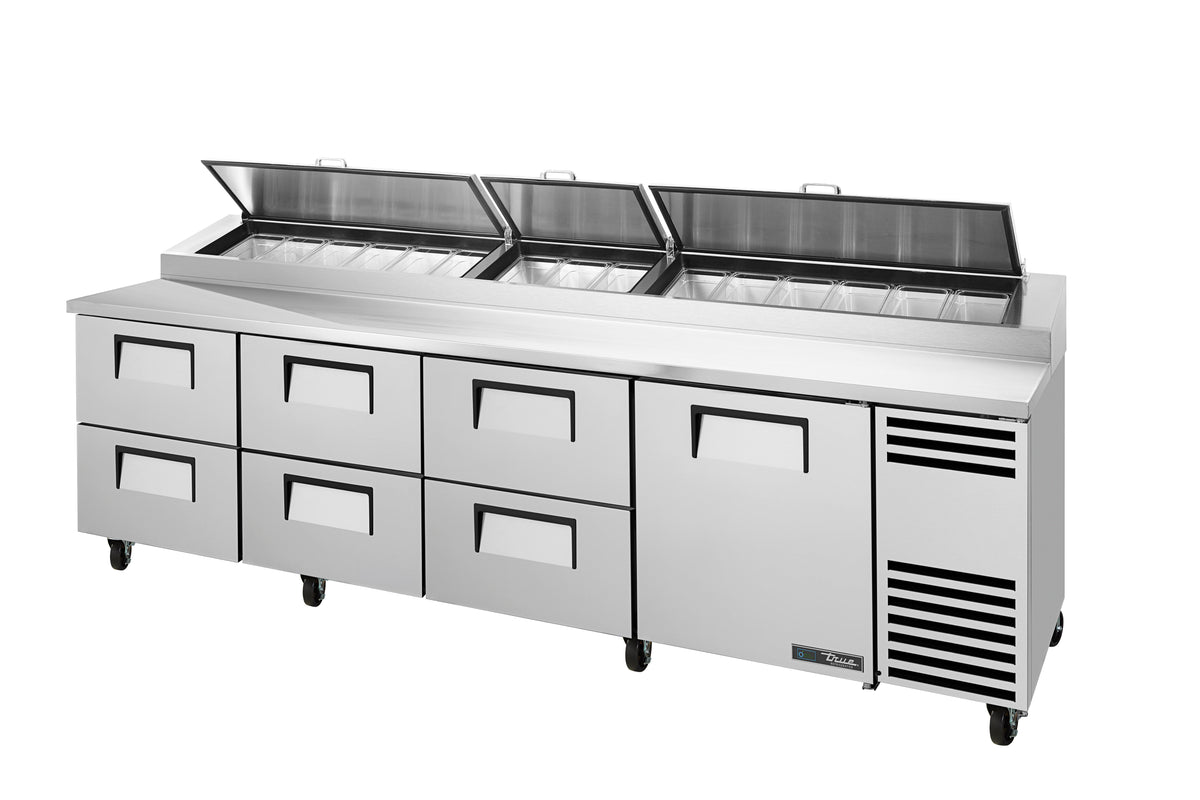 True TPP-AT-119D-6-HC~HGTP pizza prep table, front angle view, lids open over the pan rail
