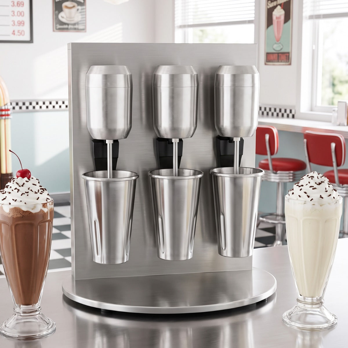 Prepline PDM3 milkshake mixer on a diner counter with milkshakes