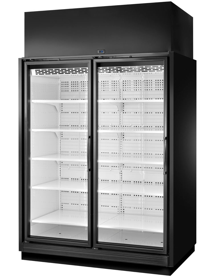 True TRM2L-NY-BLK-WHT-1BLKLL-4 66" 2-Door Freezer Retail Merchandiser, Black Exterior, 77.9 cu. ft.