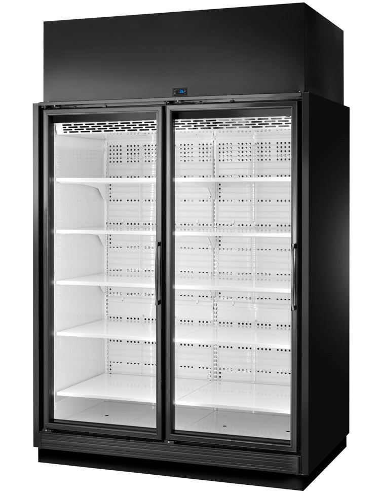 True TRM2M-YY-BLK-WHT-1BLKLL-4 2-door black merchandiser refrigerator, front angle view, glass doors closed