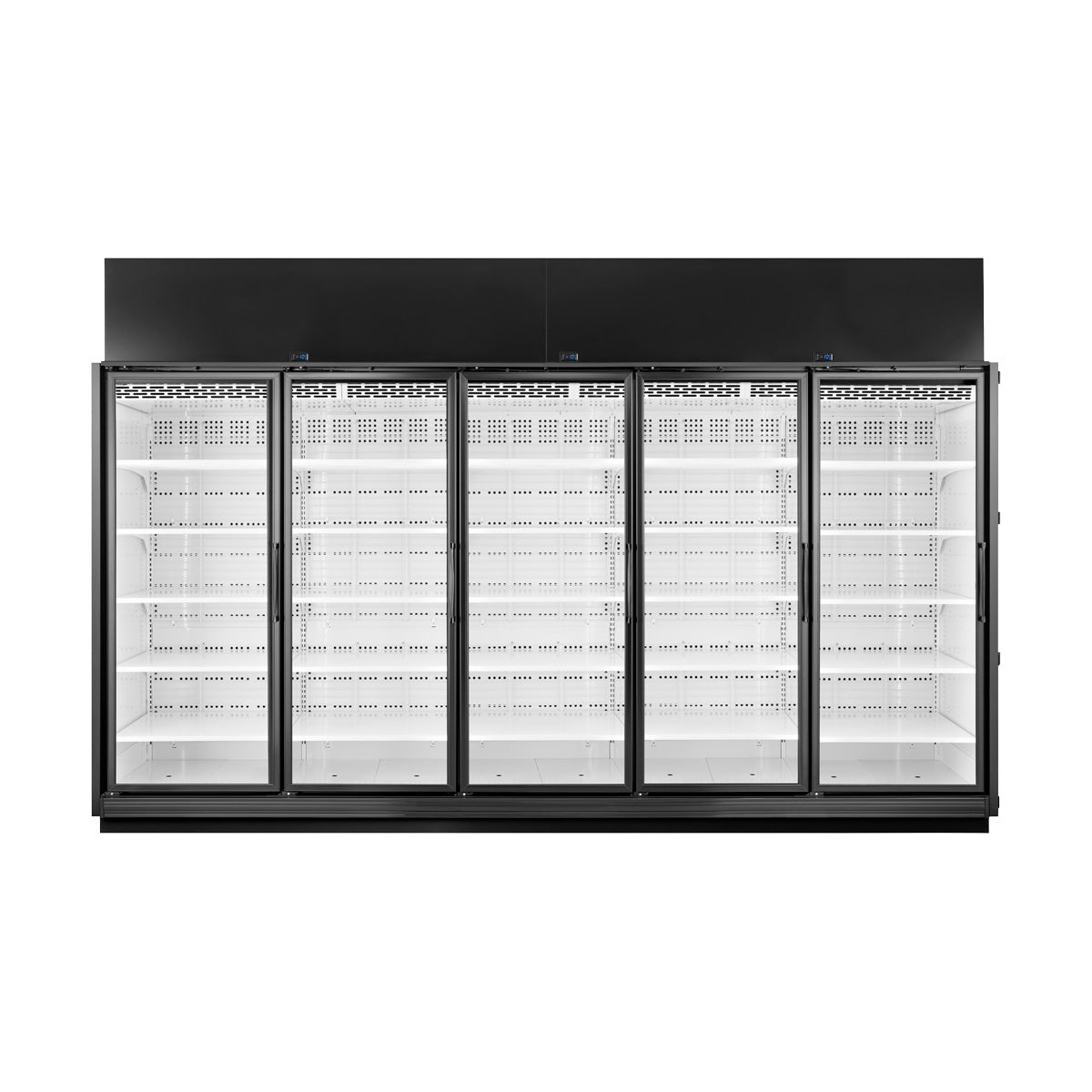 True TRM5L-YY-BLK-WHT-1BLKLLLLL-4 5-door black merchandiser freezer, front angle view, glass doors closed