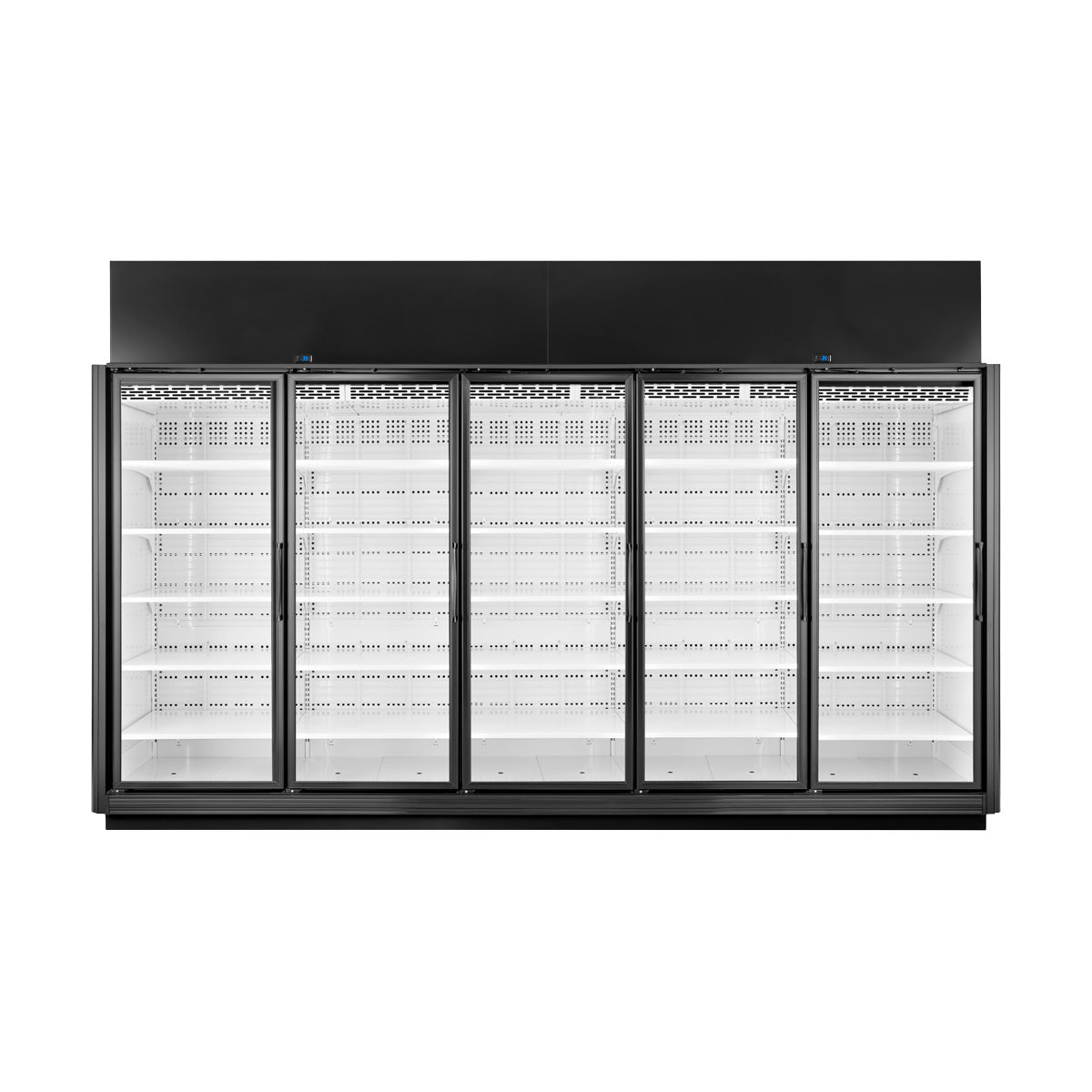 True TRM5M-NN-BLK-WHT-1BLKLLLLL-4 5-door black merchandiser refrigerator, front angle view, glass doors closed