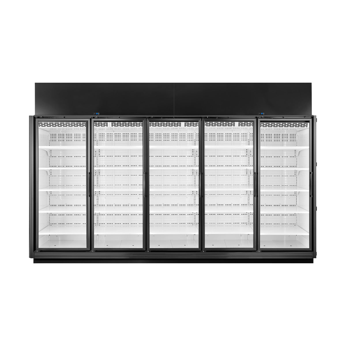 True TRM5M-NY-BLK-WHT-1BLKLLLLL-4 5-door black merchandiser refrigerator, front angle view, glass doors closed