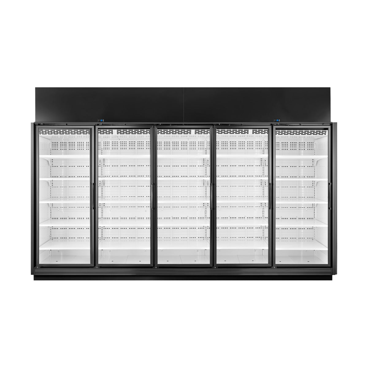 True TRM5M-YN-BLK-WHT-1BLKLLLLL-4 5-door black merchandiser refrigerator, front angle view, glass doors closed