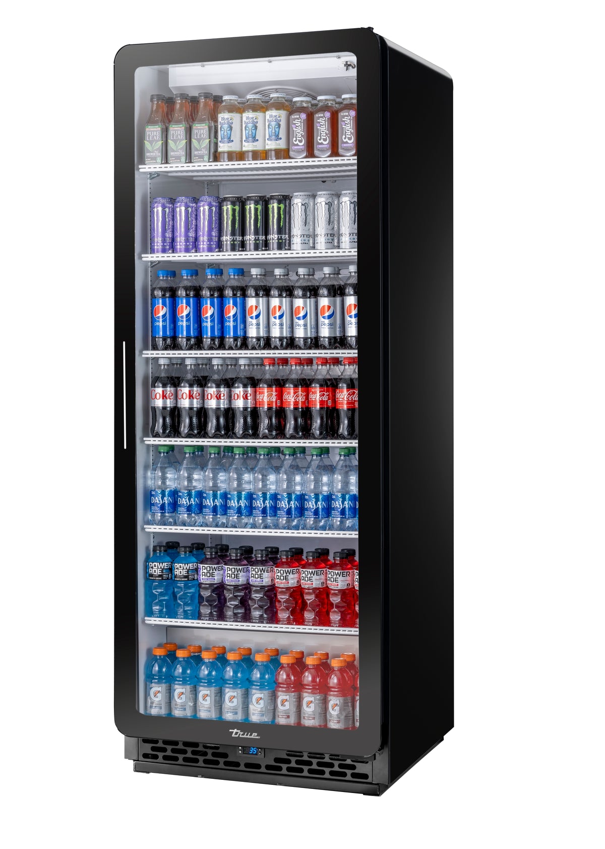True CVM-27-HC~EGC01 curved edge glass door merchandiser, front angle view, stocked with drinks