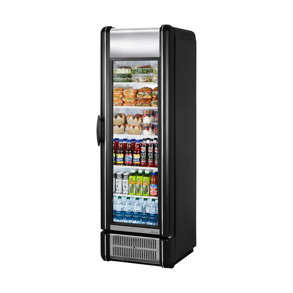 True GDM-15-RTO-HC-LD glass door merchandiser, front angle view, stocked with product