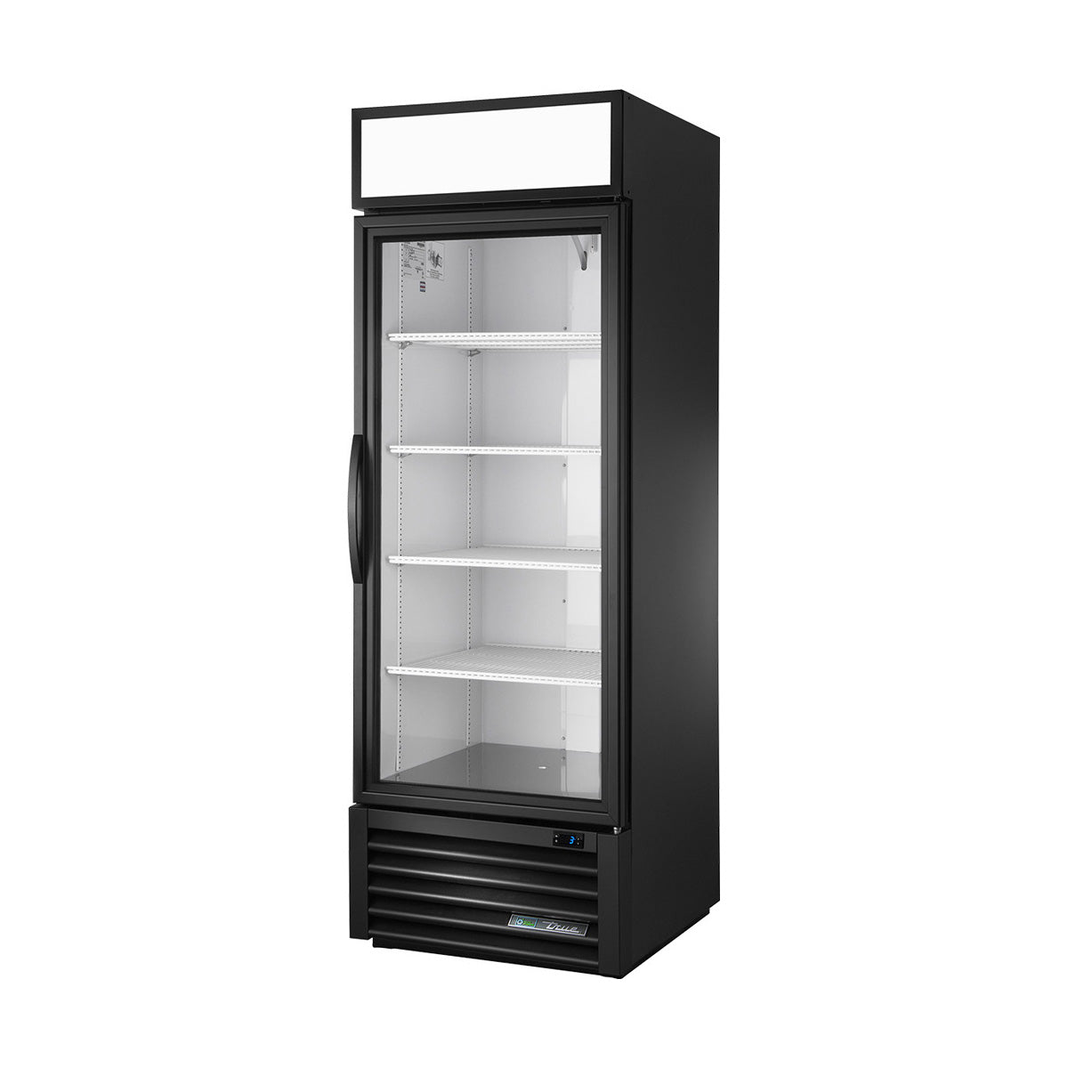 True GDM-23-HC~TSL01 glass door merchandiser, black exterior, front angle view, empty