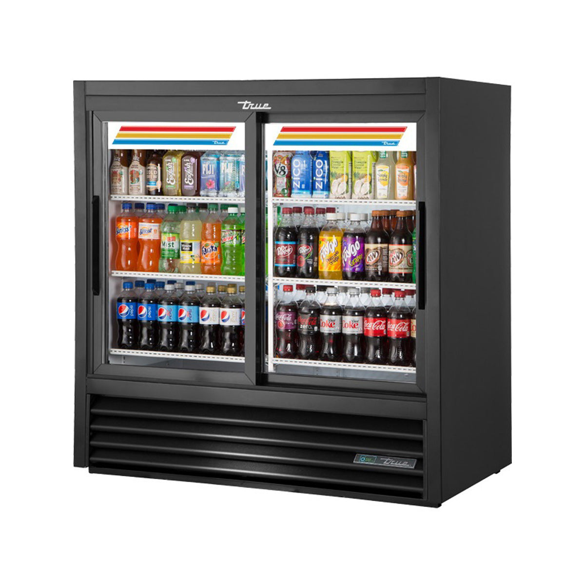 True GDM-41C-48-HC-LD 2-door glass door merchandiser, front angle view, stocked with drinks